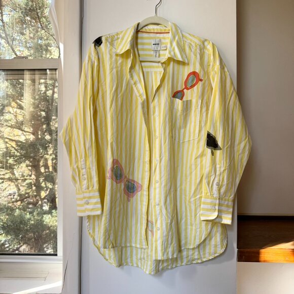 Anthropologie Maeve Bennet Button Down Shirt Novelty Striped Sunglasses Medium - Picture 4 of 12